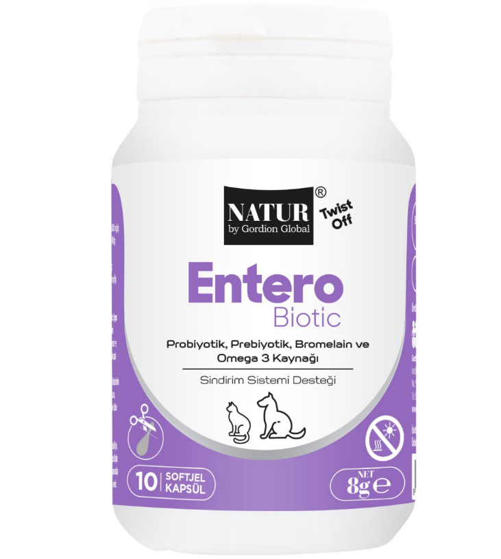 Natur Entero Biotic Kedi Köpek Probiyotik, Prebiyotik, Bromelain ve Omega 3 Softjel Kapsül 10 Adet SKT:24/04/2027